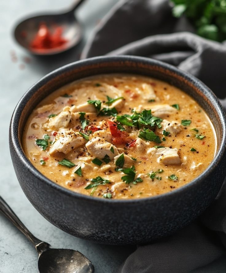 A bowl of creamy White Chicken Chili topped with shredded cheese, fresh cilantro, and crispy tortilla chips, with a lime wedge on the side.