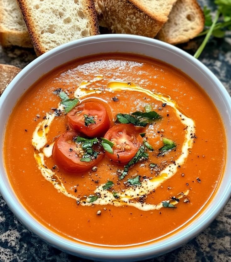 A steaming bowl of tomato soup garnished with fresh basil and served with a side of crusty bread.