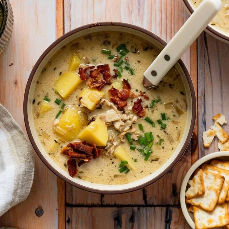 Bowl of creamy Clam Chowder with clams, potatoes, and vegetables