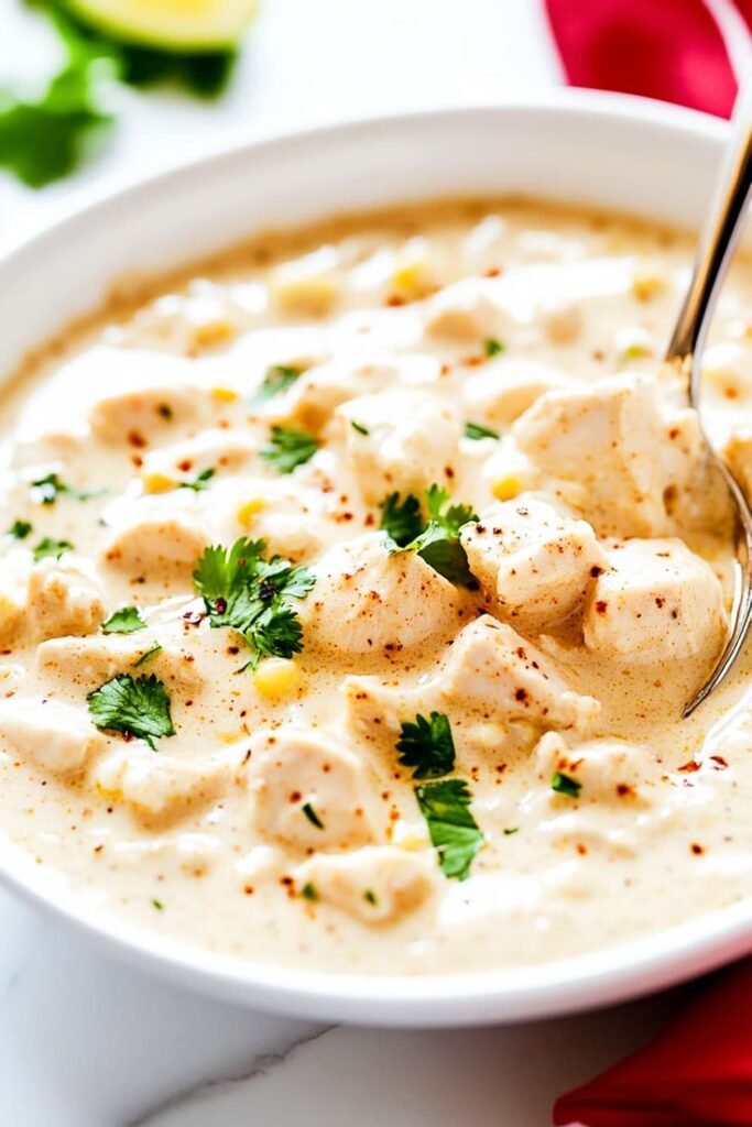 A bowl of creamy White Chicken Chili topped with shredded cheese, fresh cilantro, and crispy tortilla chips, with a lime wedge on the side.