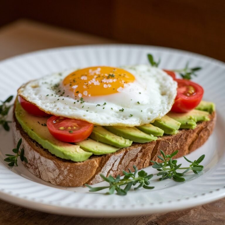 Healthy avocado toast with egg toppings served on whole grain bread, garnished with red pepper flakes and lemon.