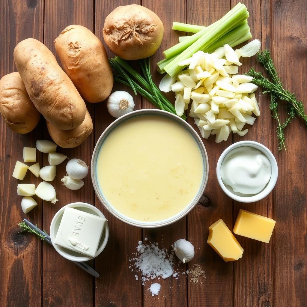 A steaming bowl of creamy Potato Soup topped with crispy bacon, shredded cheese, and fresh chives, served in a white ceramic bowl.