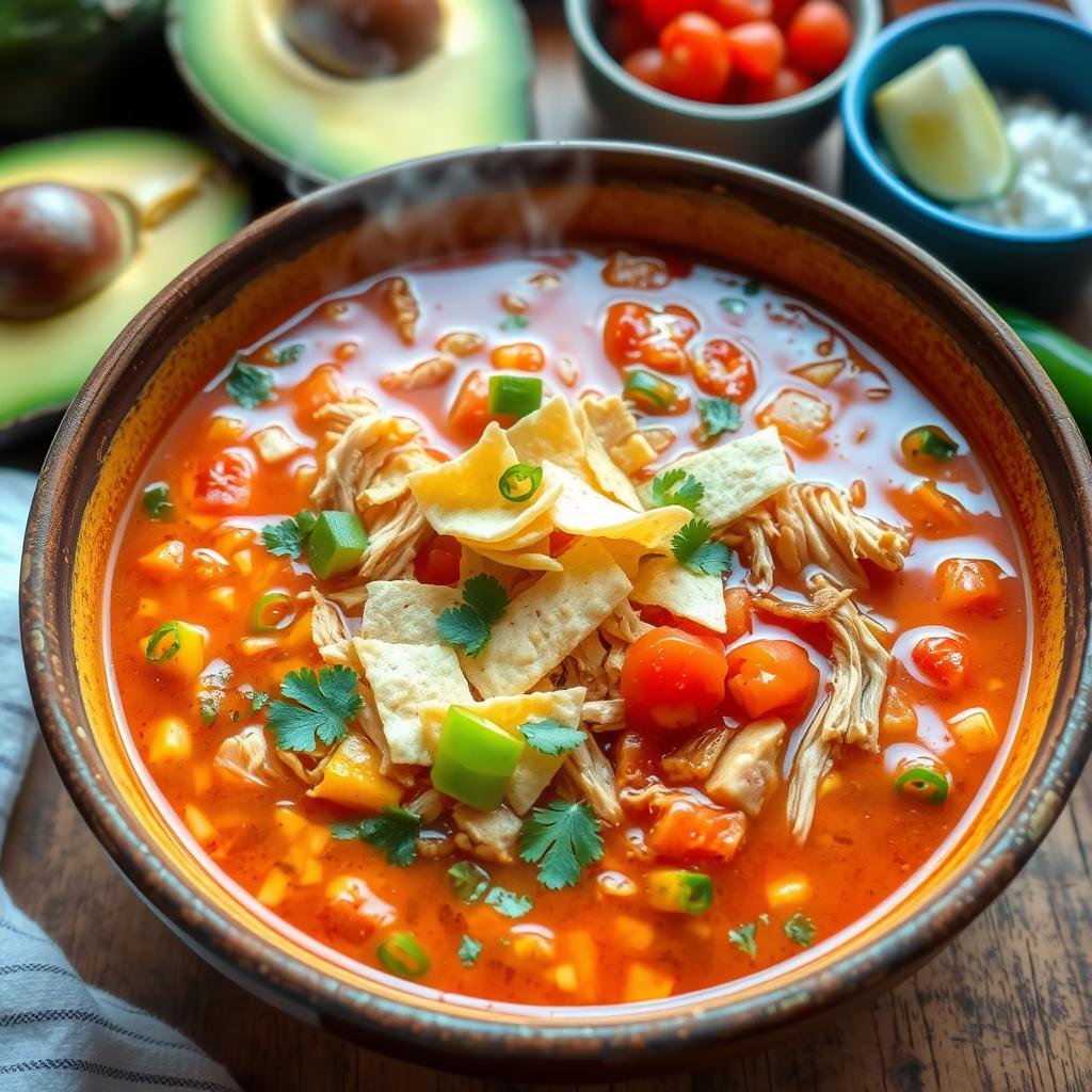 A bowl of Chicken Tortilla Soup topped with crispy tortilla strips, fresh avocado slices, shredded cheese, cilantro, and a wedge of lime