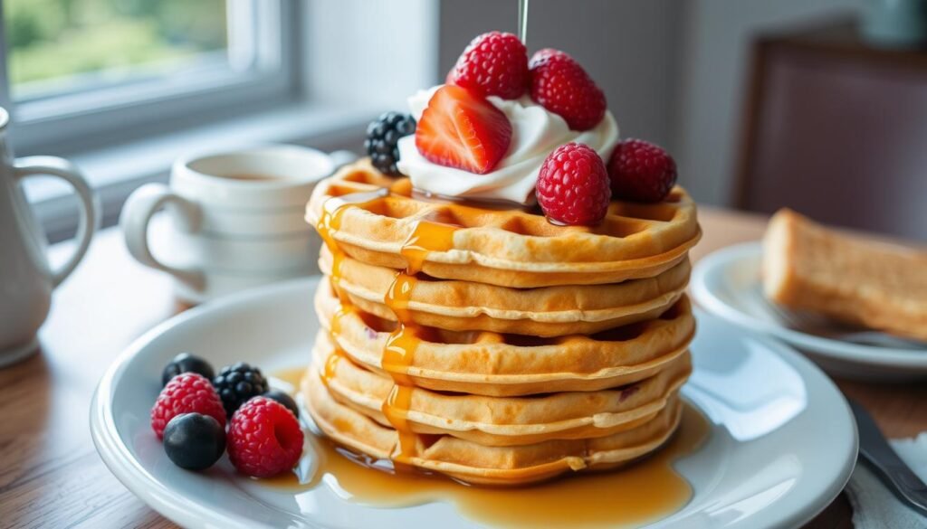 A golden waffle topped with fresh strawberries, blueberries, whipped cream, and a drizzle of maple syrup on a white plate.