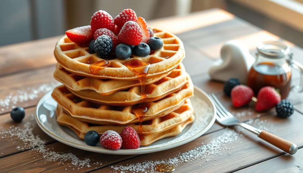 A golden waffle topped with fresh strawberries, blueberries, whipped cream, and a drizzle of maple syrup on a white plate.