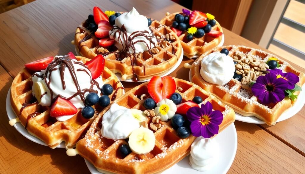 A golden waffle topped with fresh strawberries, blueberries, whipped cream, and a drizzle of maple syrup on a white plate.