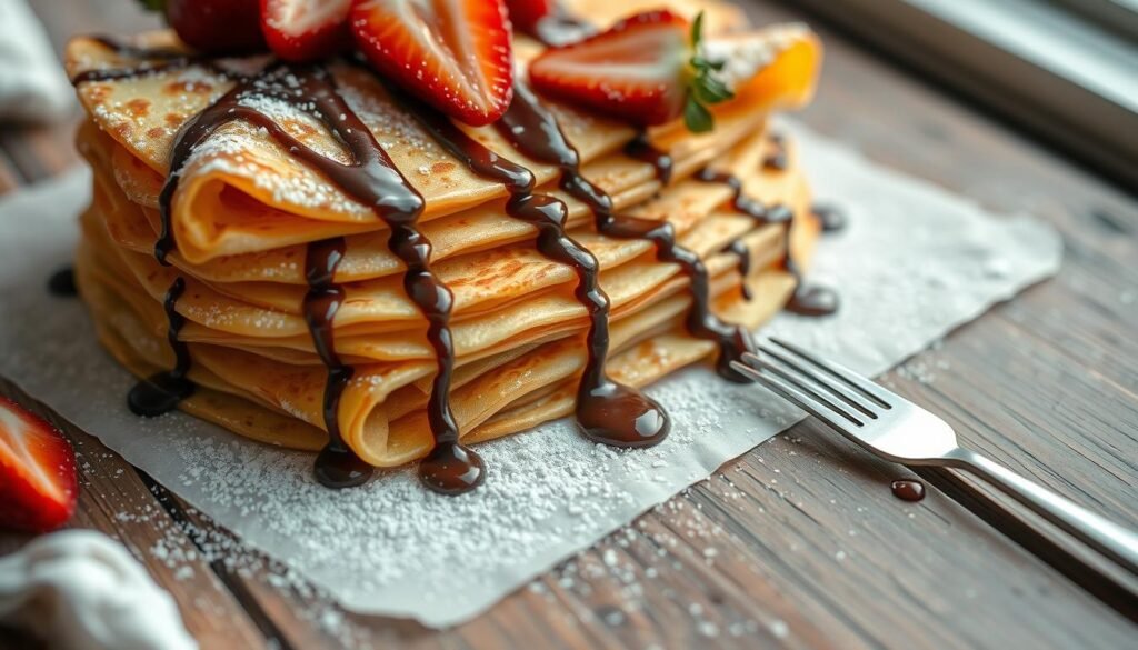 A stack of delicate crepes filled with fresh strawberries and whipped cream, dusted with powdered sugar and served on a plate.