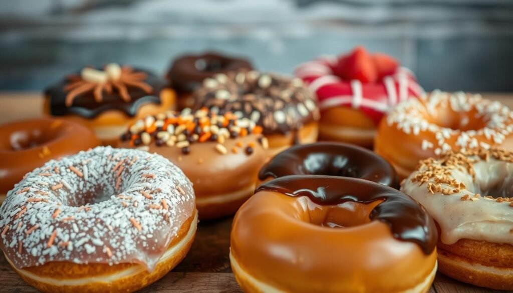 A variety of freshly baked donuts topped with colorful sprinkles, drizzled with icing, and placed on a wooden board.