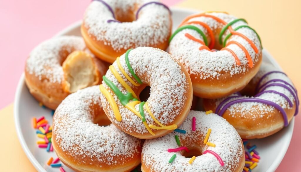 A variety of freshly baked donuts topped with colorful sprinkles, drizzled with icing, and placed on a wooden board.