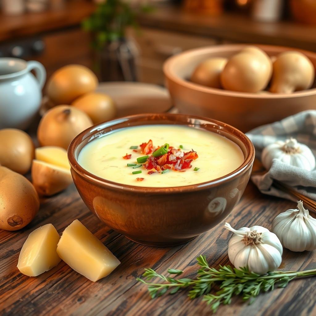 A steaming bowl of creamy Potato Soup topped with crispy bacon, shredded cheese, and fresh chives, served in a white ceramic bowl.