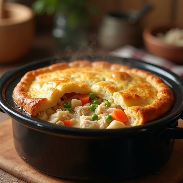 A golden-brown Chicken Pot Pie with a flaky crust, filled with tender chicken, vegetables, and creamy sauce, served on a rustic wooden table.