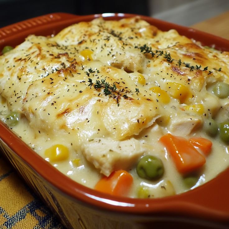 A golden-brown Chicken Pot Pie with a flaky crust, filled with tender chicken, vegetables, and creamy sauce, served on a rustic wooden table.