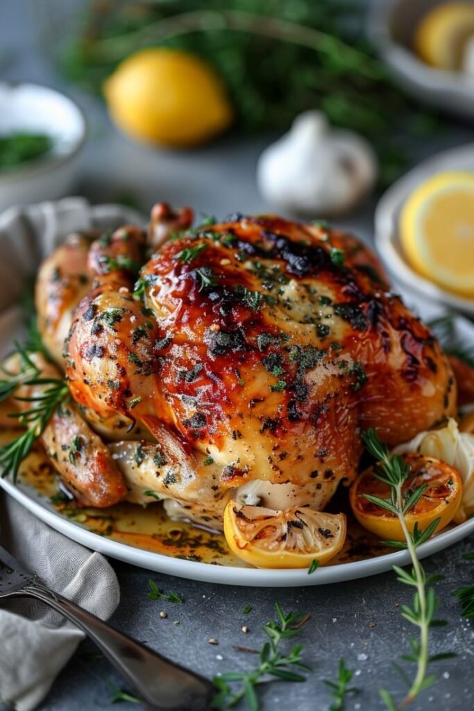 A golden-brown roast chicken served on a platter, with crispy skin and garnished with fresh herbs and lemon wedges, showcasing a perfectly roasted, juicy meal ready to enjoy.