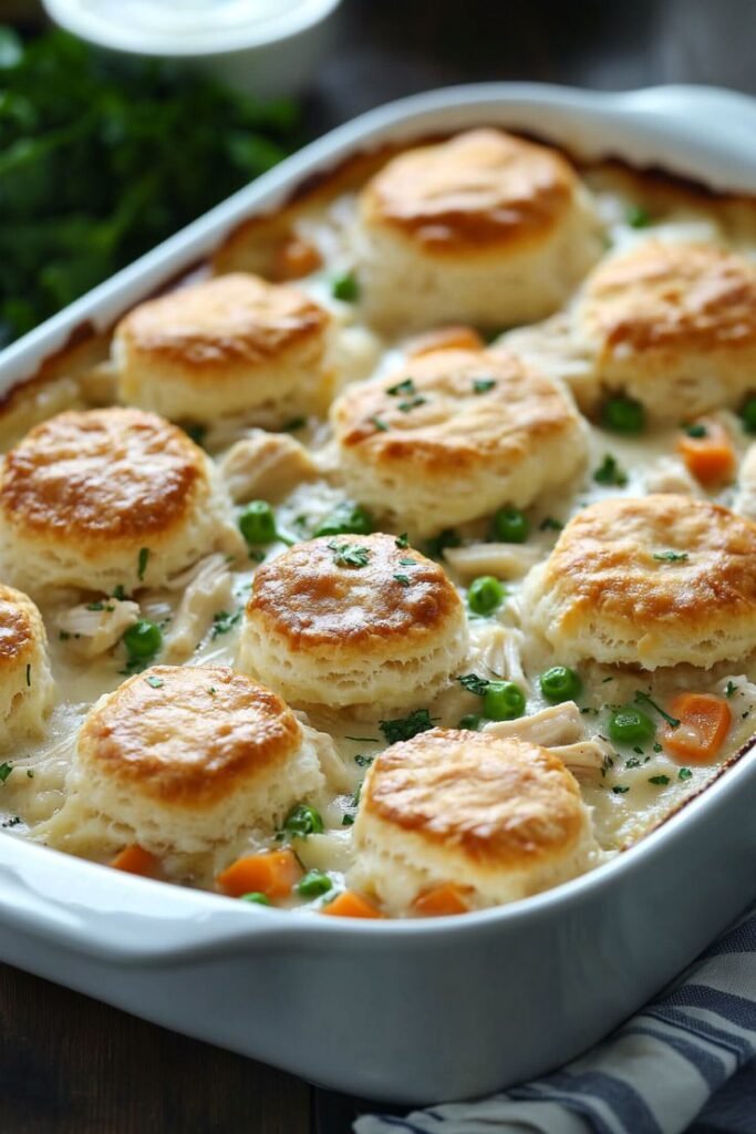 A golden-brown Chicken Pot Pie with a flaky crust, filled with tender chicken, vegetables, and creamy sauce, served on a rustic wooden table.