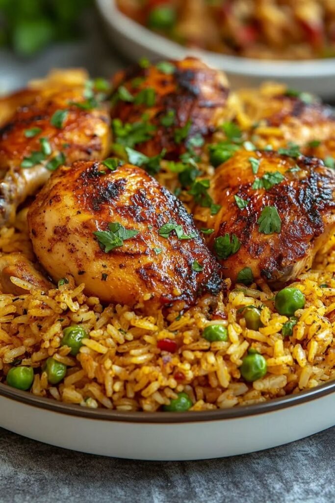 A bowl of flavorful chicken and rice garnished with fresh herbs