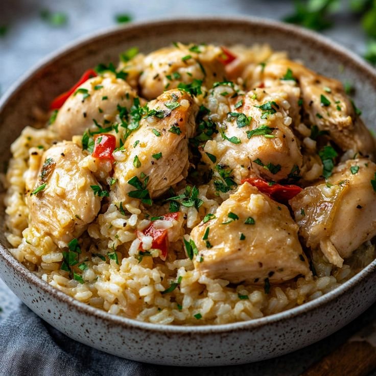 A bowl of flavorful chicken and rice garnished with fresh herbs