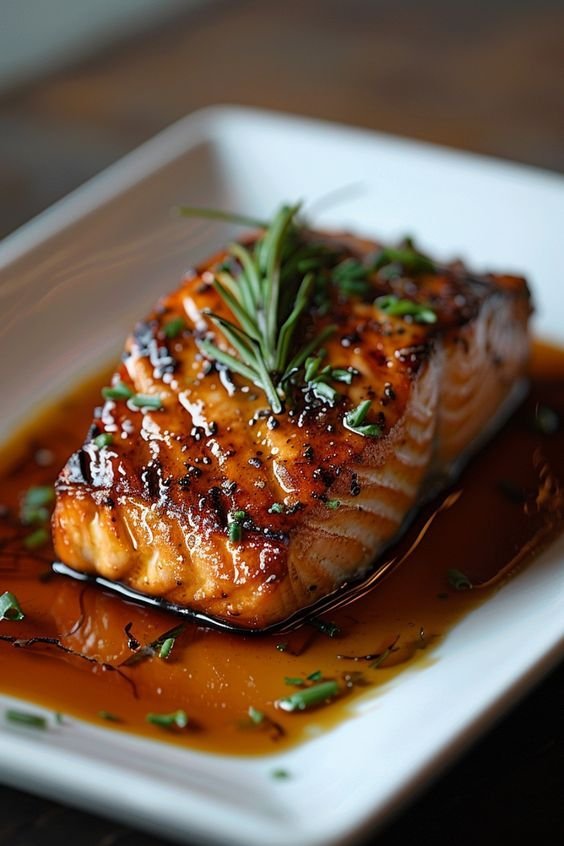 Perfectly grilled salmon fillet garnished with lemon wedges and fresh dill, served on a wooden plate