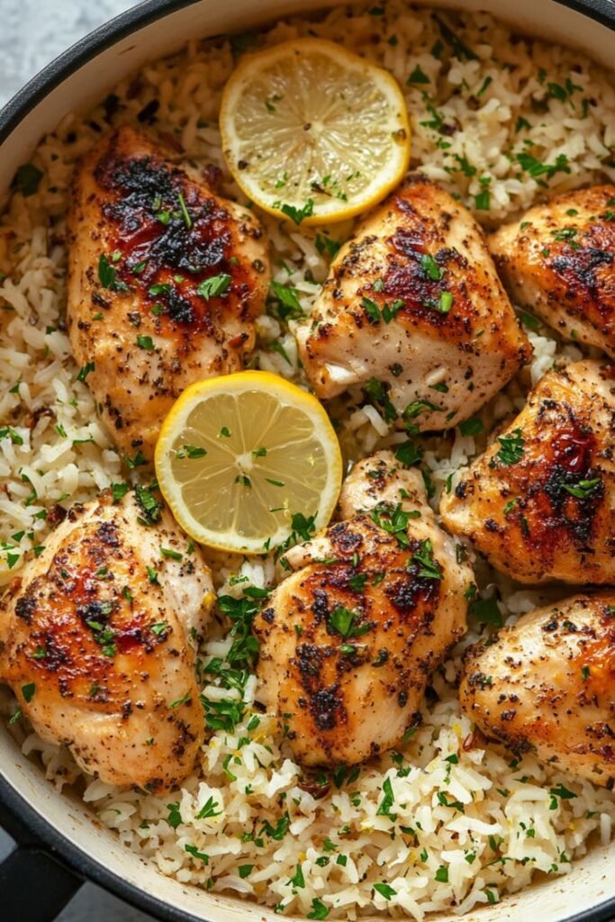 A bowl of flavorful chicken and rice garnished with fresh herbs