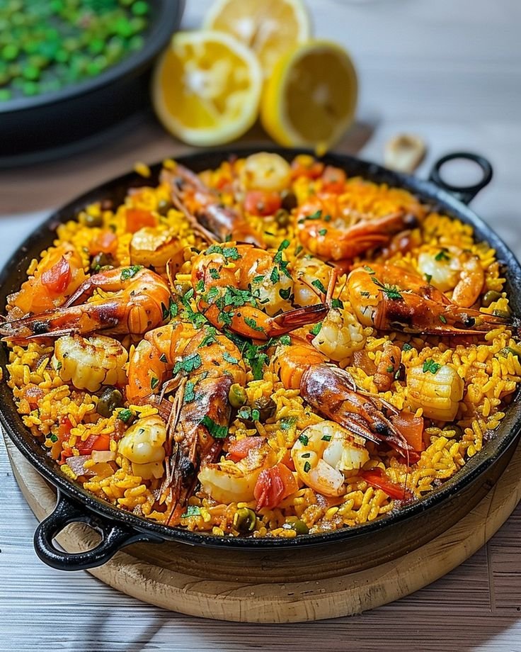 Seafood Paella with shrimp, mussels, clams, and squid, served with saffron-infused rice and fresh parsley