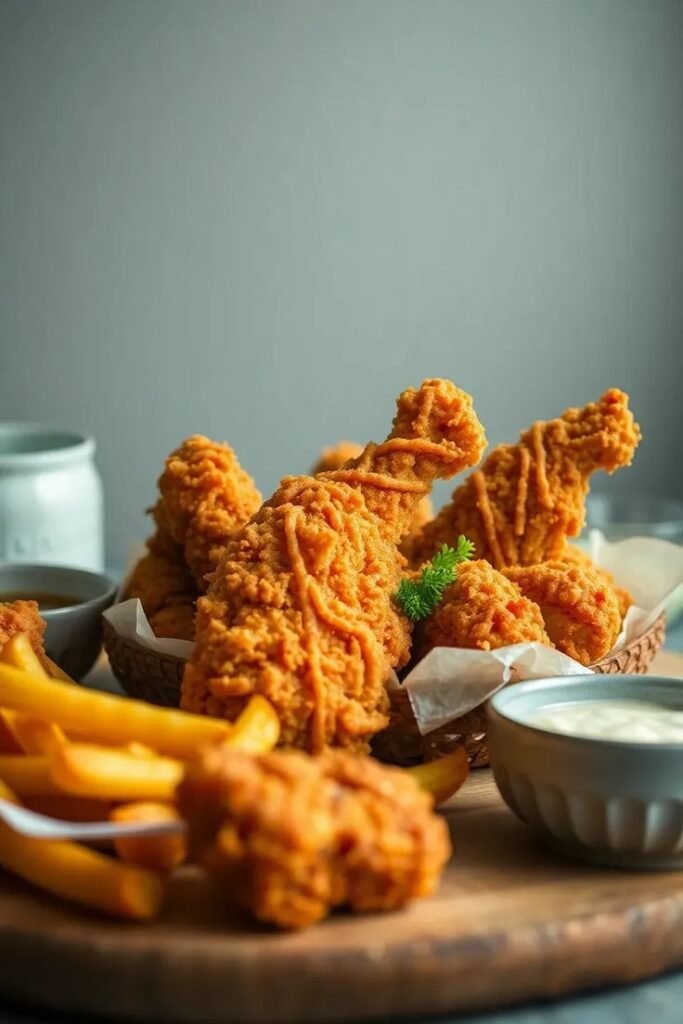 Golden brown fried chicken served on a plate with a side of mashed potatoes and coleslaw.