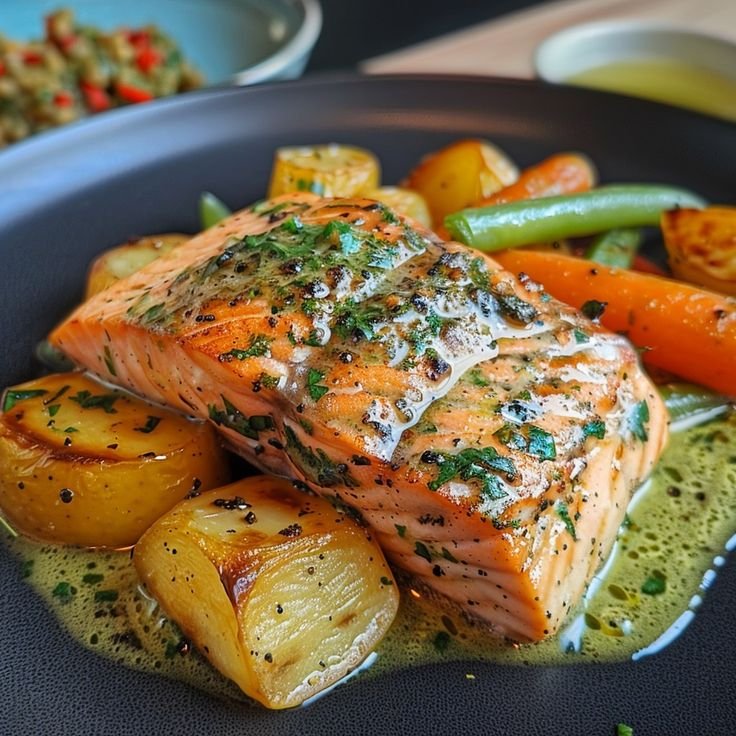 Perfectly grilled salmon fillet garnished with lemon wedges and fresh dill, served on a wooden plate