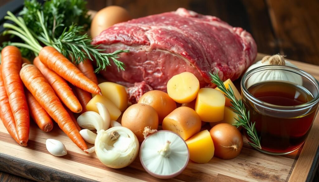 A beautifully plated pot roast with tender beef, carrots, potatoes, and rich gravy, garnished with fresh parsley for a comforting family meal.