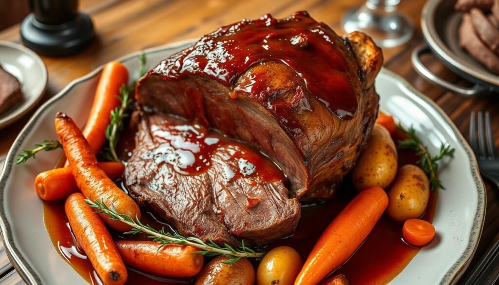 A beautifully plated pot roast with tender beef, carrots, potatoes, and rich gravy, garnished with fresh parsley for a comforting family meal.