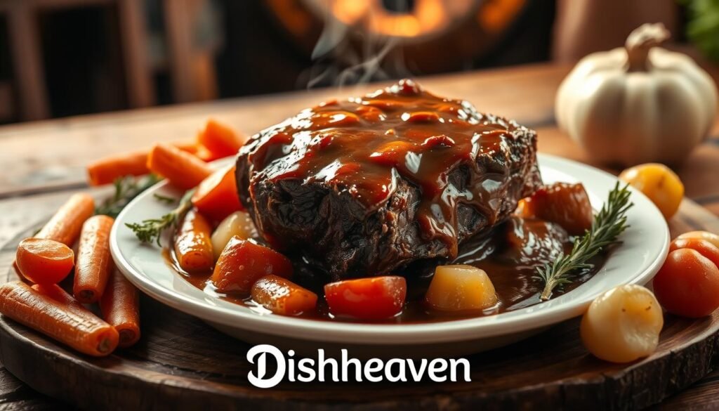 A beautifully plated pot roast with tender beef, carrots, potatoes, and rich gravy, garnished with fresh parsley for a comforting family meal.