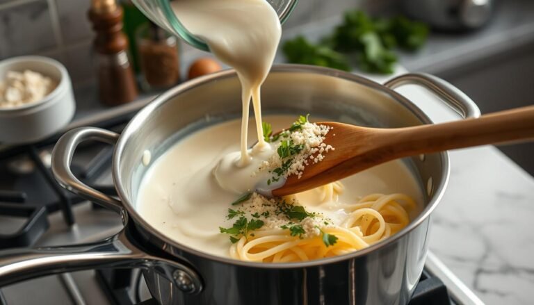 A creamy homemade Alfredo sauce in a saucepan with fresh parsley garnish