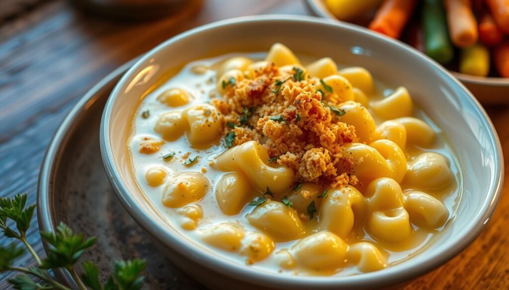 A bowl of creamy mac and cheese topped with golden breadcrumbs and parsley, served warm