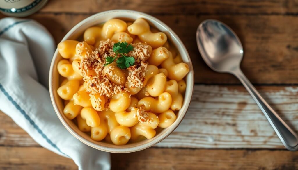 A bowl of creamy mac and cheese topped with golden breadcrumbs and parsley, served warm