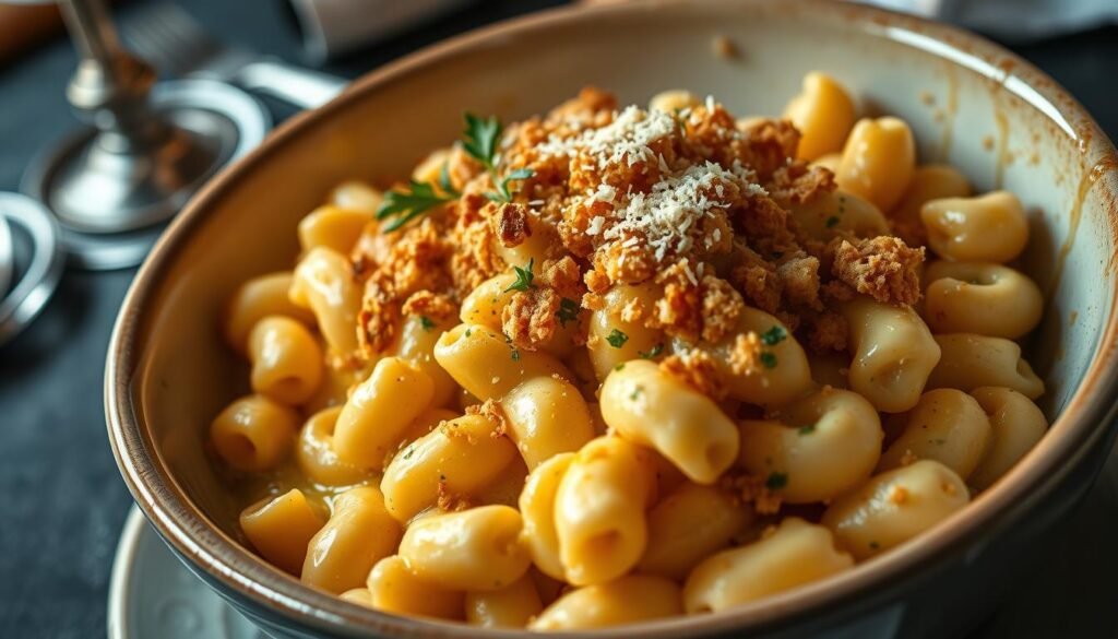 A bowl of creamy mac and cheese topped with golden breadcrumbs and parsley, served warm