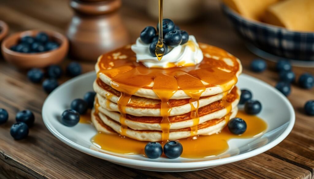 A stack of golden blueberry pancakes topped with fresh blueberries, a pat of butter, and a drizzle of maple syrup