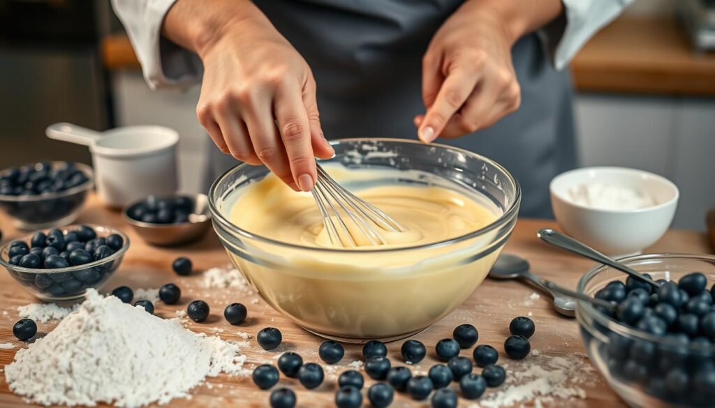 A stack of golden blueberry pancakes topped with fresh blueberries, a pat of butter, and a drizzle of maple syrup