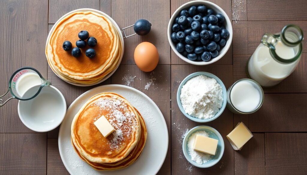 A stack of golden blueberry pancakes topped with fresh blueberries, a pat of butter, and a drizzle of maple syrup